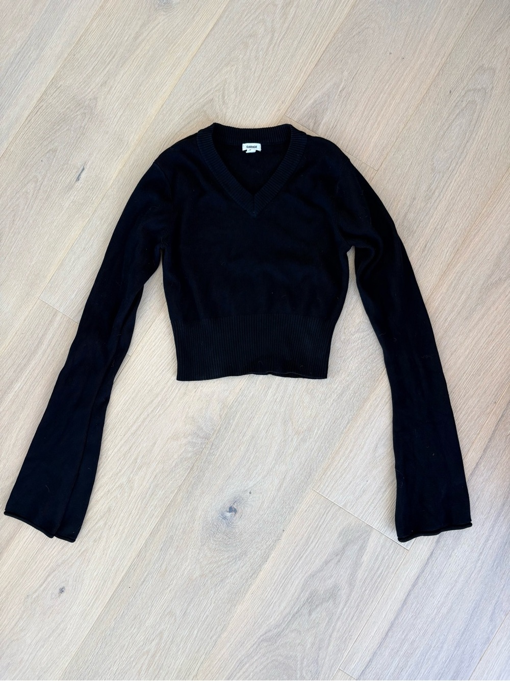 Garage Black V-Neck Ribbed Bell Sleeve Knit Top